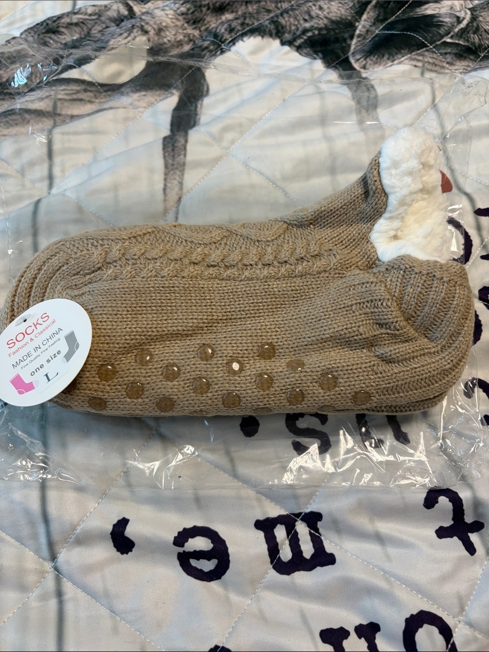 Cozy Cable-Knit Slipper Socks in Tan
